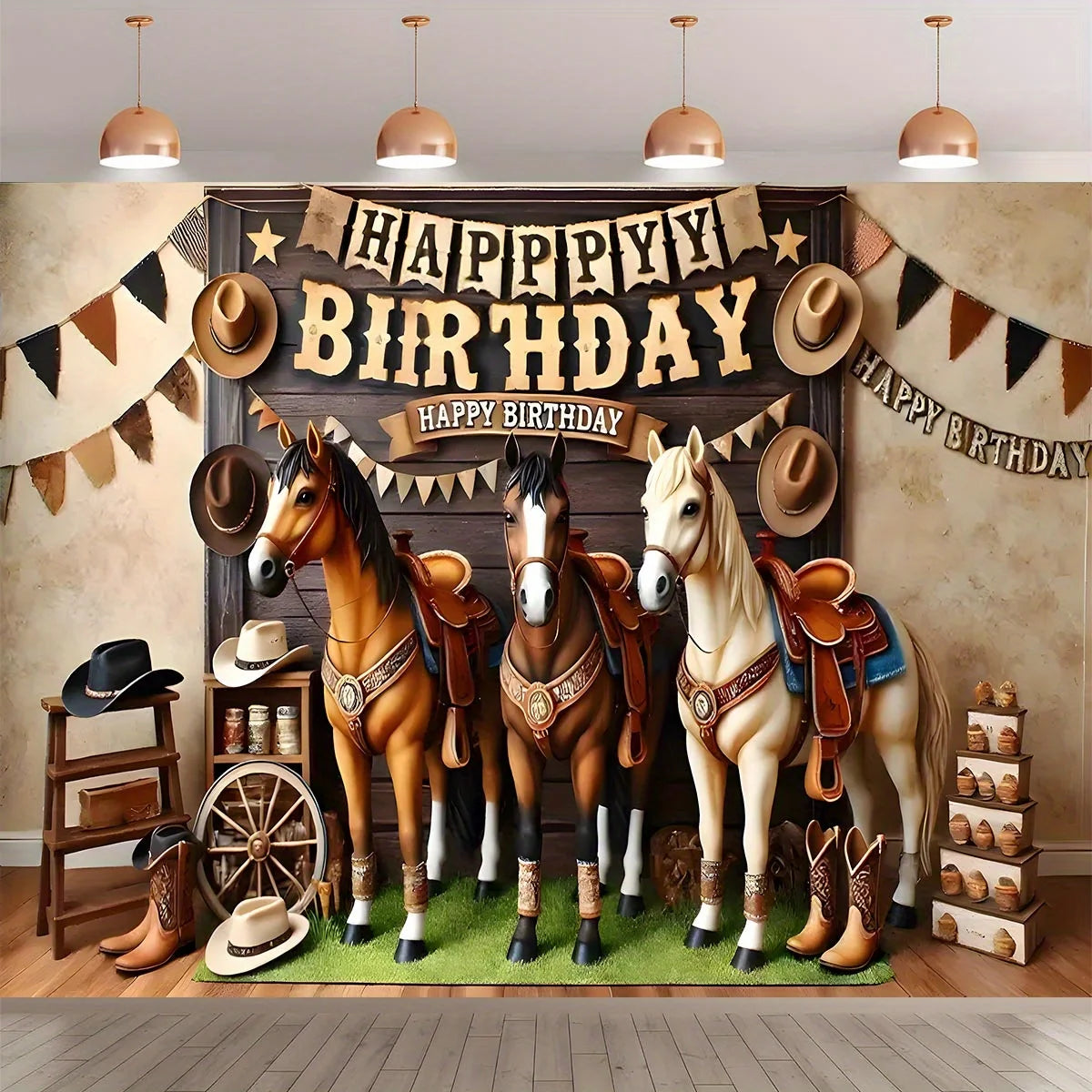 1 "Happy Birthday West" themed background banner - polyester, cowboy and horse print with rustic wood design
