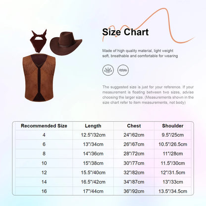 Kids Halloween Western Cowboy Cowgirl Cosplay Costume Retro Fringe Vest Waistcoat with Paisley Bandanna Hat for Carnival Party