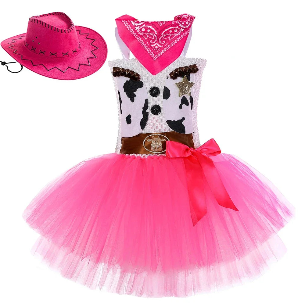2025 Halloween Costume de Cowgirl rose pour filles, robe de princesse Tutu de fête d'anniversaire, tenue de Cowboy de vache