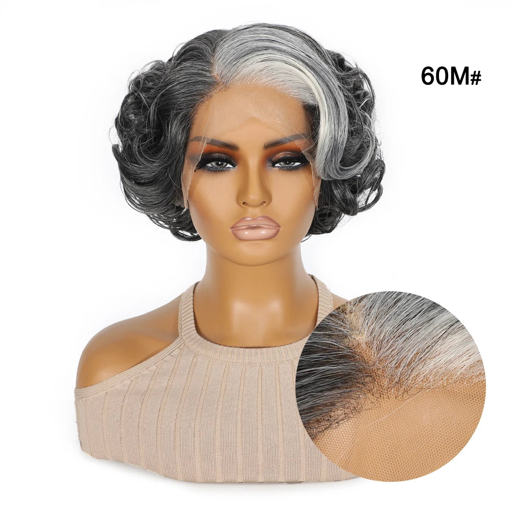 10 Inch Short Curly Wavy Blonde Black Grey Synthetic Wig for Women Natural Look T-Part Lace Front Hair Replacement