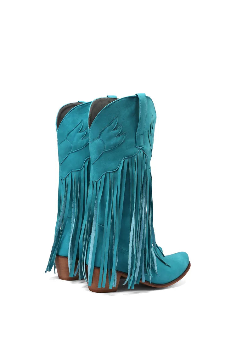 Nouvelles bottes de cowboy rétro ethniques pour femmes avec pompon à talon moyen, chaussures d'hiver pour femmes