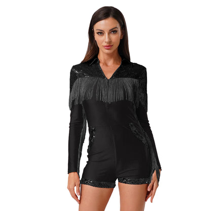 Womens Halloween Western Cowgirl Playsuit Sparkly Cosplay Costume 70s 80s Disco Bodysuit Tassel Fringe Sequins Boyshorts Rompers