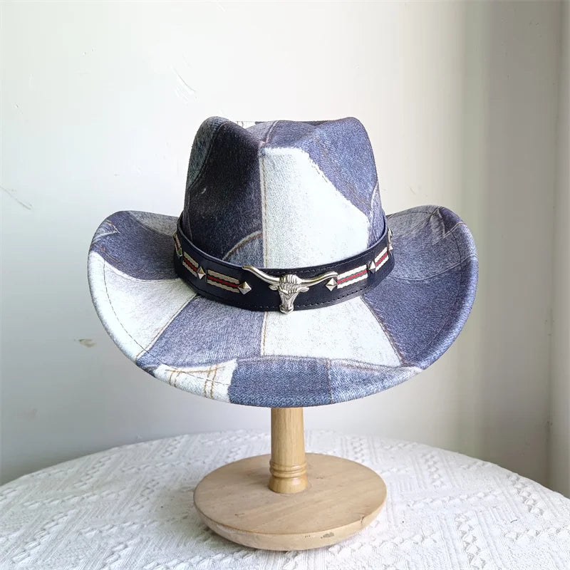 Chapeau de cowboy de style ethnique, tendance, chic, unisexe, couleur unie, avec décoration en forme de taureau, style western