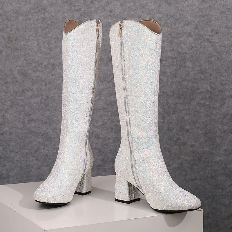 Grainy Sequin Women's Tall Boots Bling Sung Fit Knee High Boots 6.5cm Heels Comfy 2024 Winter Shoes