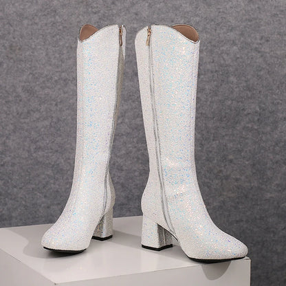 Grainy Sequin Women's Tall Boots Bling Sung Fit Knee High Boots 6.5cm Heels Comfy 2024 Winter Shoes