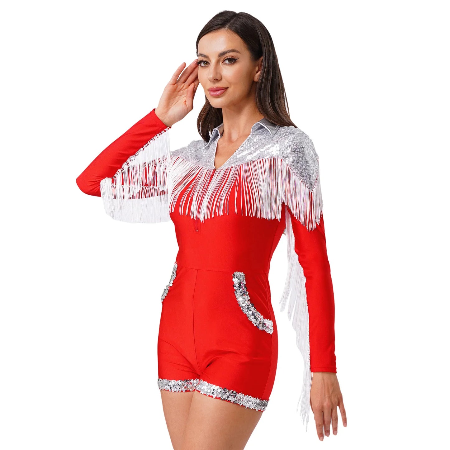 Womens Sequins Western Cowgirl Cosplay Costume Tassel Fringe Boyshorts Rompers 70s 80s Disco Bodysuit Front Zip Playsuit