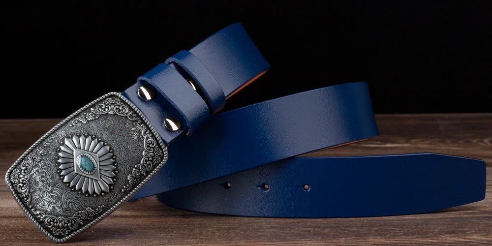 Ceinture classique en cuir véritable avec boucle en émail saphir et motif floral sculpté en argent pour femmes et hommes, cadeau