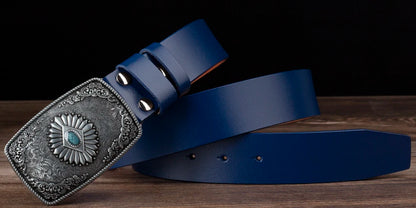 Ceinture classique en cuir véritable avec boucle en émail saphir et motif floral sculpté en argent pour femmes et hommes, cadeau