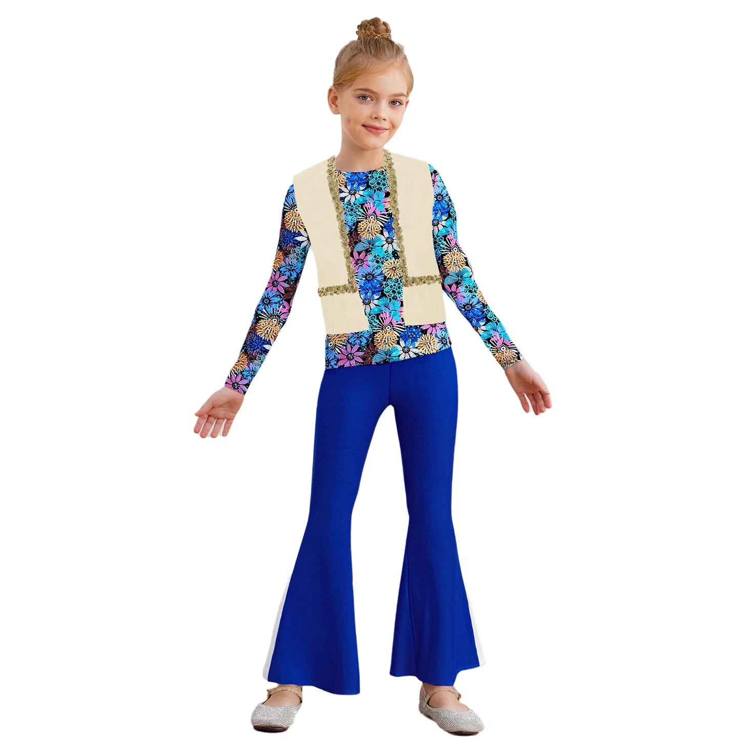 Girls Halloween Disco Hippie Western Cowgirl Carnival Cosplay Costume Printed Shirt Tops with Tassels Vest And Flared Pants Set