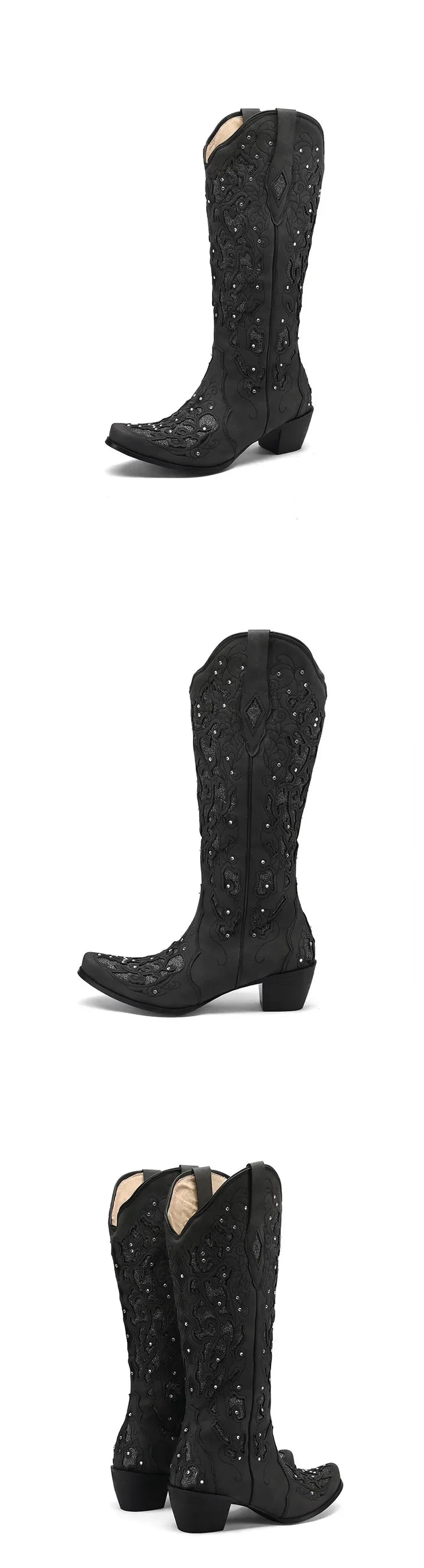 Women Embroidered White Western Cowboy Boots Block Heel Pull-On Pointed Toe Crystal Cowgirl Booties