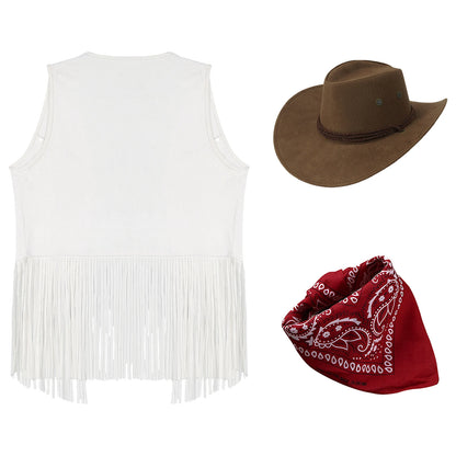 Gilet de cowboy pour femme, costume de cosplay, en faux daim, avec pompons et rivets, pour Halloween, avec bandana