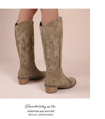 Winter New Coarse Heel Look Thin Tall Long Boots Not Over Knee Embroidered Retro Western Cowboy Boots 2025 New