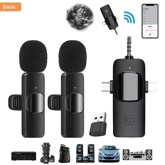 Basix professionnel 4in1 Microphone Lavalier sans fil pour iPhone Android 3.5mm pour l'enregistrement en direct suppression du bruit Mini microphon