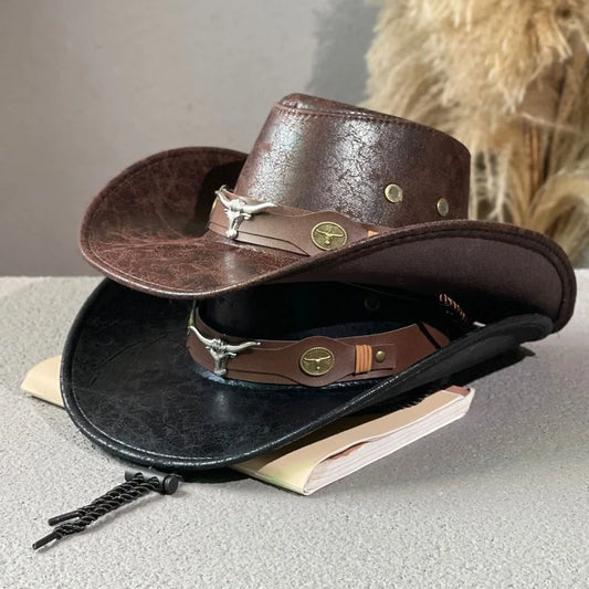 Vintage Western Cowboy Rivet Hat Cosplay Jazzs Fedora Hats for Men Women Outdoor Travel Wide Brim Faux Leather Cowgirl Sun Caps