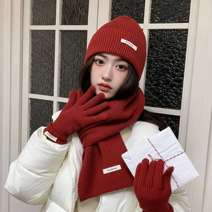 Ensemble chapeau, écharpe et gants en laine tricotée de couleur unie-ensemble de noël chaud du nouvel an rouge en faux cachemire automne/hiver
