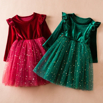 Green Christmas Dress for Kids Girls Autumn Long Sleeves Princess Dresses Children Winter Birthday Party New Year Costume 3-8Yrs