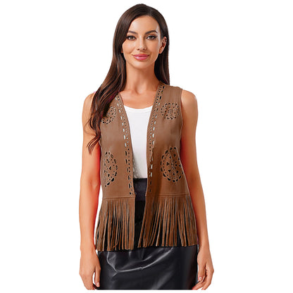 Womens Western Cowgirl 70s Disco Hippy Cosplay Costume Fringe Vest Vintage Hollow Out Tassel Tank Tops Faux Suede Waistcoat