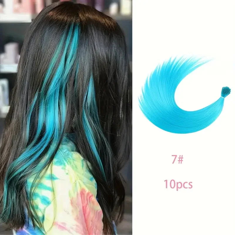 Kit d'extensions de cheveux synthétiques arc-en-ciel de 50 cm, 10 pièces, extensions colorées à pointes en I avec micro-perles et aiguille à crochet pour femmes et enfants, cosplay