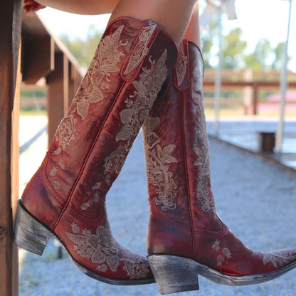 Western Style Women's Pointed Large Embroidered Rose High Heels Vintage Old Women's Boots High Barrel Western Boots