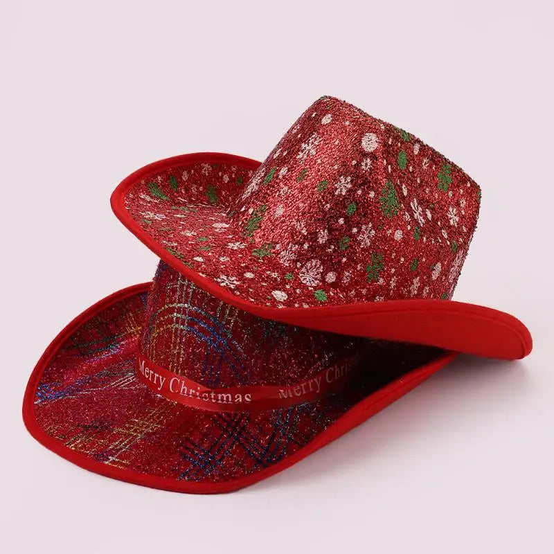 Chapeau de Cowboy de noël rouge, décoration du père noël, accessoires de fête de vacances, chapeau de Cowgirl à large bord, chapeau de Jazz