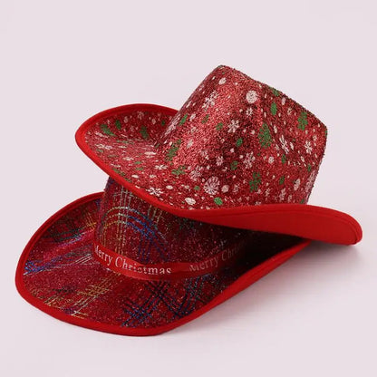 Chapeau de Cowboy de noël rouge, décoration du père noël, accessoires de fête de vacances, chapeau de Cowgirl à large bord, chapeau de Jazz