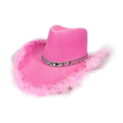 Pink Fur Brim Crown Cowboy Hat For Women'S Wide Brim Cowgirl Hat Bachelorette Party Carnival Western Headwear Cosplays Prop Caps