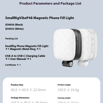 SmallRig Magnetic Phone Light,P48 Bi-Color Dimmable LED Fill-Light Foldable MagSafe Beauty Lamp Soft Panel,for IPhone16/Android