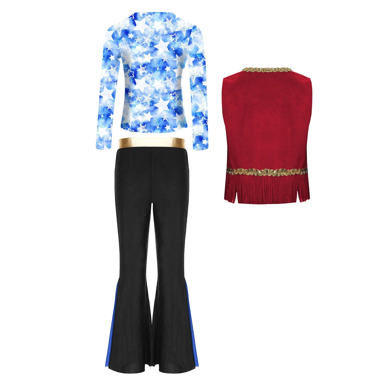 Girls Halloween Disco Hippie Western Cowgirl Carnival Cosplay Costume Printed Shirt Tops with Tassels Vest And Flared Pants Set