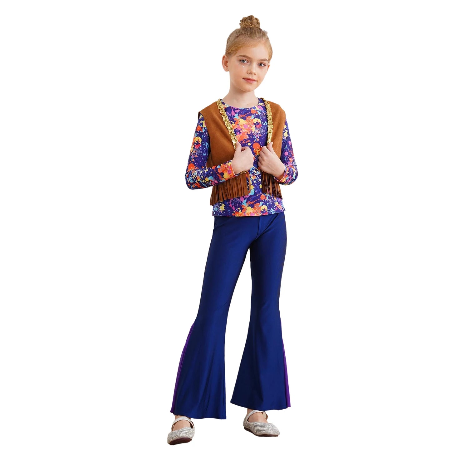 Girls Halloween Disco Hippie Western Cowgirl Carnival Cosplay Costume Printed Shirt Tops with Tassels Vest And Flared Pants Set