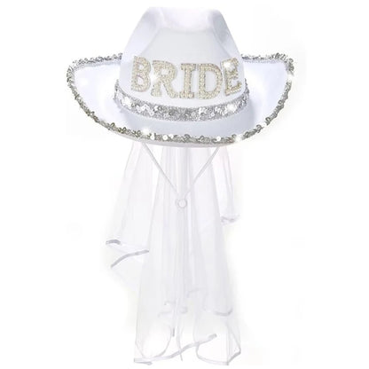 Chapeau de mariée amusant de cow-boy avec voile en maille et strass, chapeau à large bord pour enterrement de vie de jeune fille, accessoires de fête de mariage