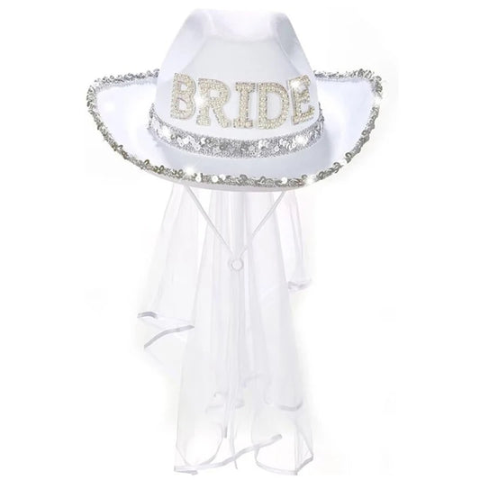 Chapeau de mariée amusant de cow-boy avec voile en maille et strass, chapeau à large bord pour enterrement de vie de jeune fille, accessoires de fête de mariage