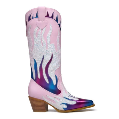 Women's Metallic Western Boots with Pointed Toe, Mid-calf To Knee-high Height, Sparkly and Colorful Design. Stylish Cowgirl Look