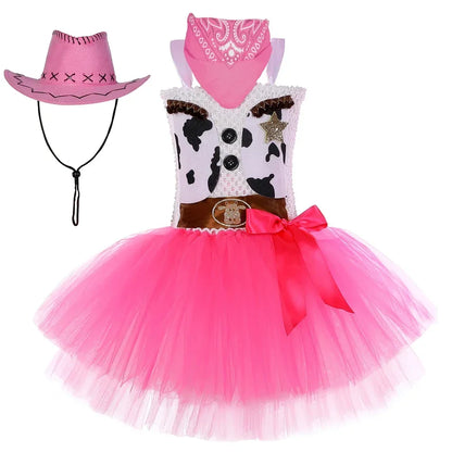 2025 Halloween Costume de Cowgirl rose pour filles, robe de princesse Tutu de fête d'anniversaire, tenue de Cowboy de vache