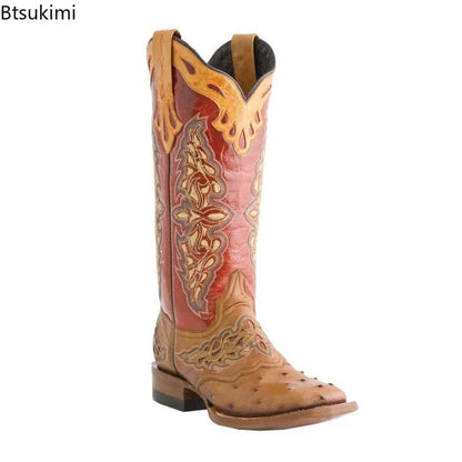 Autumn and Winter Women's Square Toe Thick Heel Colorful Patterned Knight Boots Embroidered Color-Blocked No Slip Women Boots