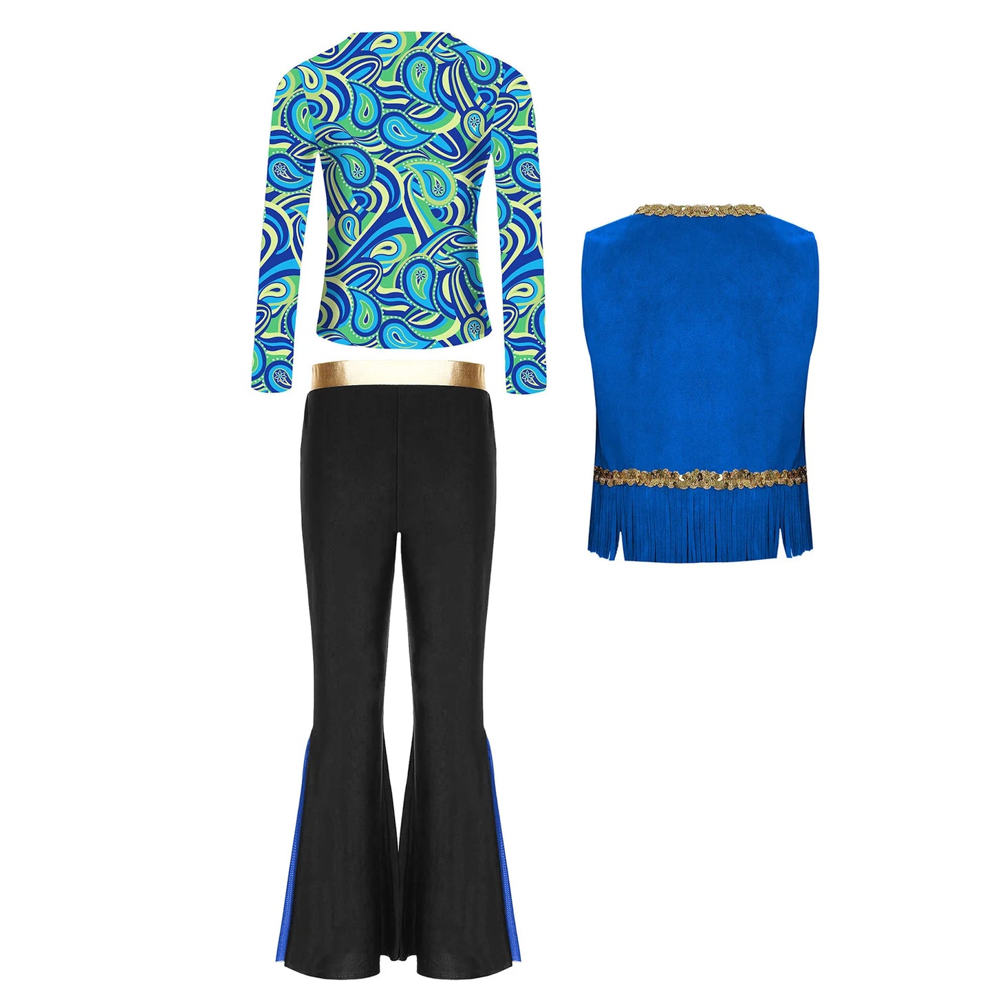 Girls Halloween Disco Hippie Western Cowgirl Carnival Cosplay Costume Printed Shirt Tops with Tassels Vest And Flared Pants Set