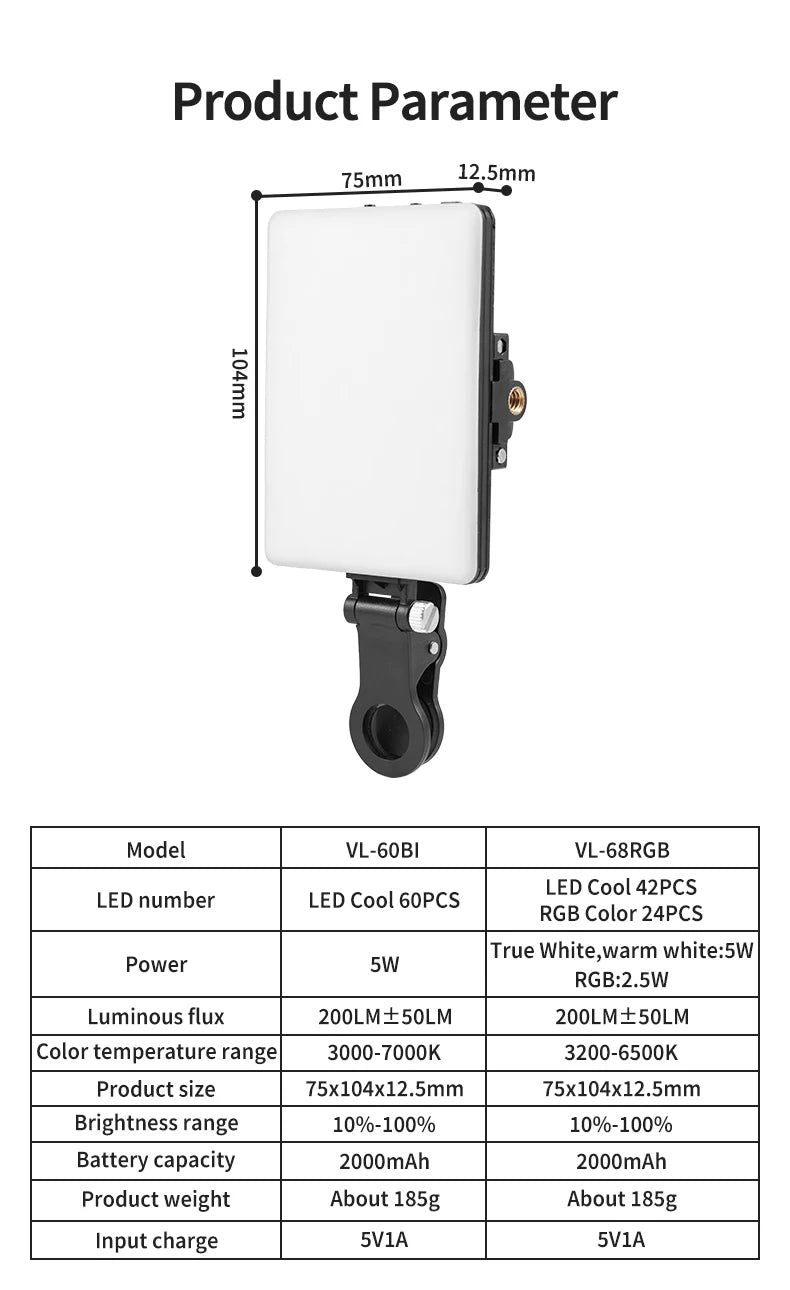 Mini lumière de remplissage LED RVB, poche droite, photographie vidéo, éclairage de poche, clip Vlog en direct pour téléphone, iPhone, iPad, ordinateur portable, appareil photo