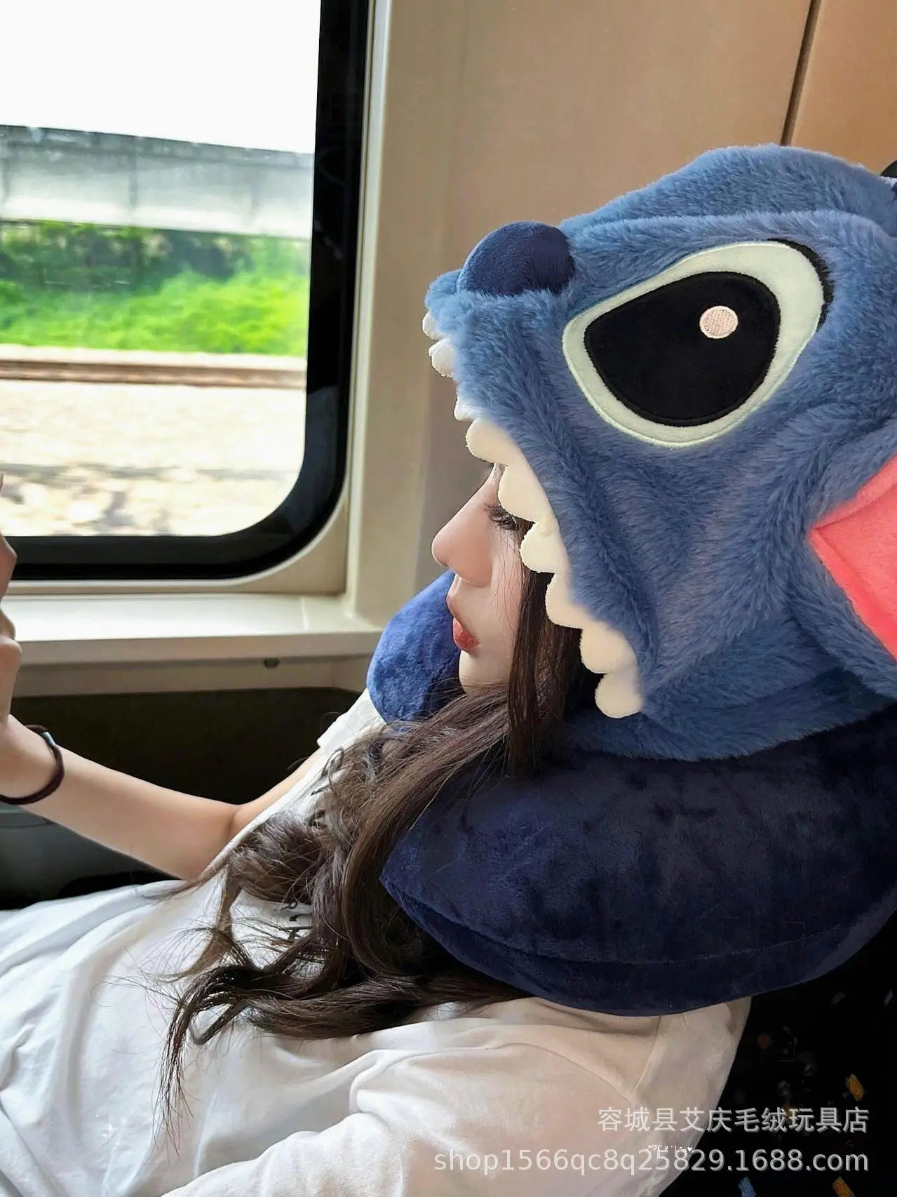 Cartoon plush Stitch Ling Nabelle U-shaped pillow with hooded neck pillow travel car plane office nap artifact girl gifts