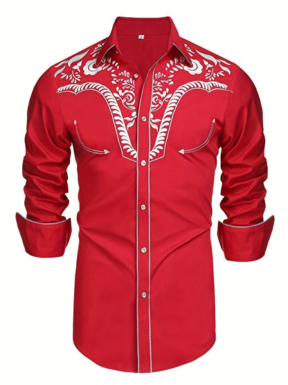 Chemise brodée à manches longues style cowboy western chic - Mélange de coton doux, design élégant, style décontracté pour les vacances de printemps et d'automne - Chemise homme pour activités de plein air, voyages et loisirs