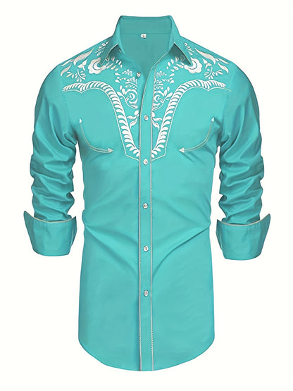 Chemise brodée à manches longues style cowboy western chic - Mélange de coton doux, design élégant, style décontracté pour les vacances de printemps et d'automne - Chemise homme pour activités de plein air, voyages et loisirs
