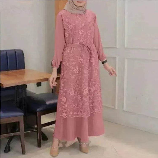 Arab  Round Neck Lace Floral Dress