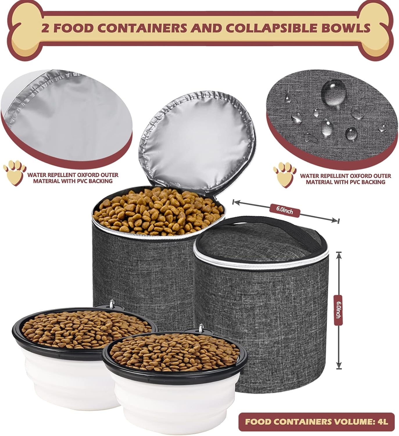 丨Dog Travel Bag Backpack, Airline Approved Pet Supplies Backpack, Dog Travel Backpack with 2 Silicone Collapsible Bowls and 2 Food Baskets Grey