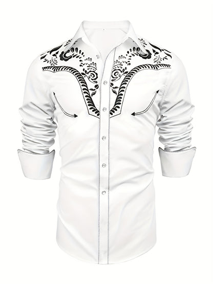 Chemise brodée à manches longues style cowboy western chic - Mélange de coton doux, design élégant, style décontracté pour les vacances de printemps et d'automne - Chemise homme pour activités de plein air, voyages et loisirs