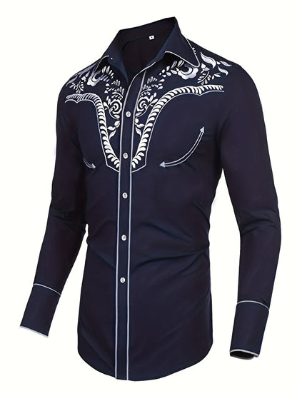 Chemise brodée à manches longues style cowboy western chic - Mélange de coton doux, design élégant, style décontracté pour les vacances de printemps et d'automne - Chemise homme pour activités de plein air, voyages et loisirs