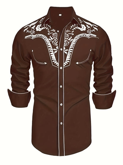 Chemise brodée à manches longues style cowboy western chic - Mélange de coton doux, design élégant, style décontracté pour les vacances de printemps et d'automne - Chemise homme pour activités de plein air, voyages et loisirs