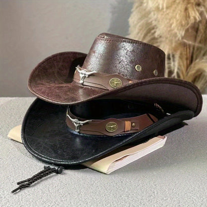 [Chapeau de cowboy en cuir de taureau] Chapeau de cowboy Western Cowboy One en cuir de taureau à rivets | Chapeau pare-soleil d'extérieur