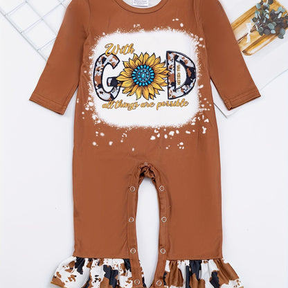 Autumn Western Cowboy Series Baby Girl's Cute Bodysuit With Leopard Cow Pattern Flower Letter...random Print