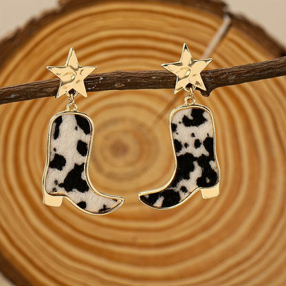 1 Pair Vintage Boho Cowboy Boot Earrings, Black and White Faux Leather with Golden Star Accent, Zinc Alloy Dangle Drop Earrings for Women, Stainless Steel Posts, Suitable for Daily and Vacation Wear, Bohemian Style, Leather B