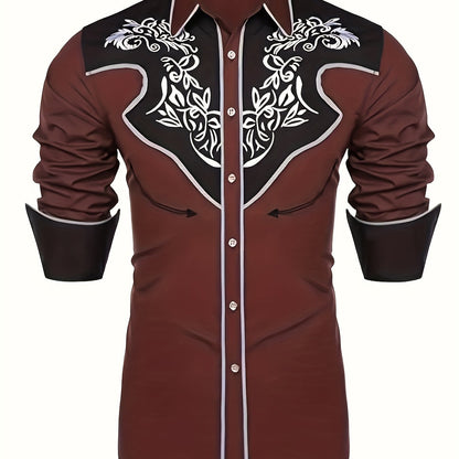 Chemise brodée à manches longues style cowboy western chic - Mélange de coton doux, design élégant, style décontracté pour les vacances de printemps et d'automne - Chemise homme pour activités de plein air, voyages et loisirs