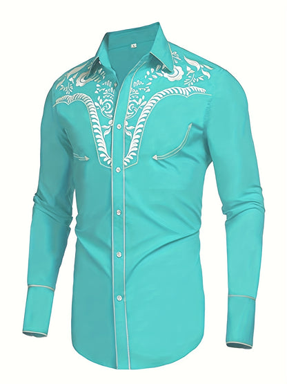 Chemise brodée à manches longues style cowboy western chic - Mélange de coton doux, design élégant, style décontracté pour les vacances de printemps et d'automne - Chemise homme pour activités de plein air, voyages et loisirs