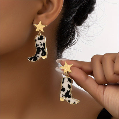 1 Pair Vintage Boho Cowboy Boot Earrings, Black and White Faux Leather with Golden Star Accent, Zinc Alloy Dangle Drop Earrings for Women, Stainless Steel Posts, Suitable for Daily and Vacation Wear, Bohemian Style, Leather B
